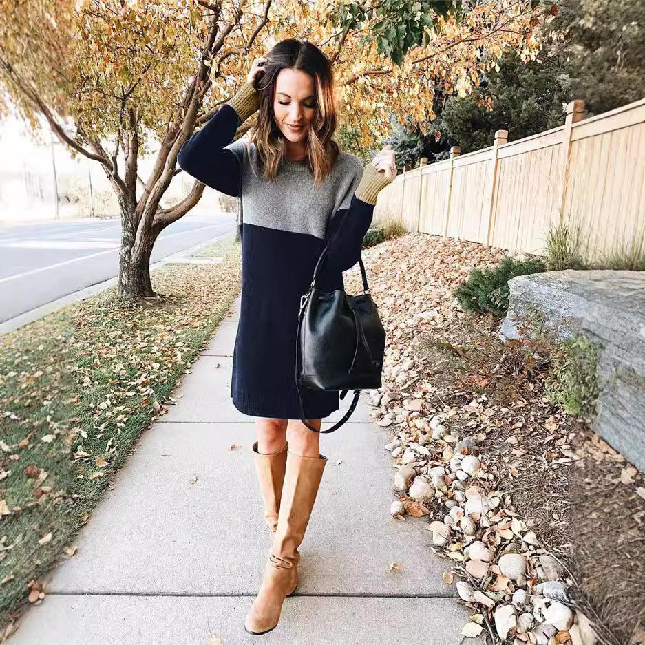Colorblock knit pullover dress with round neck, gray top and black bottom, long sleeves