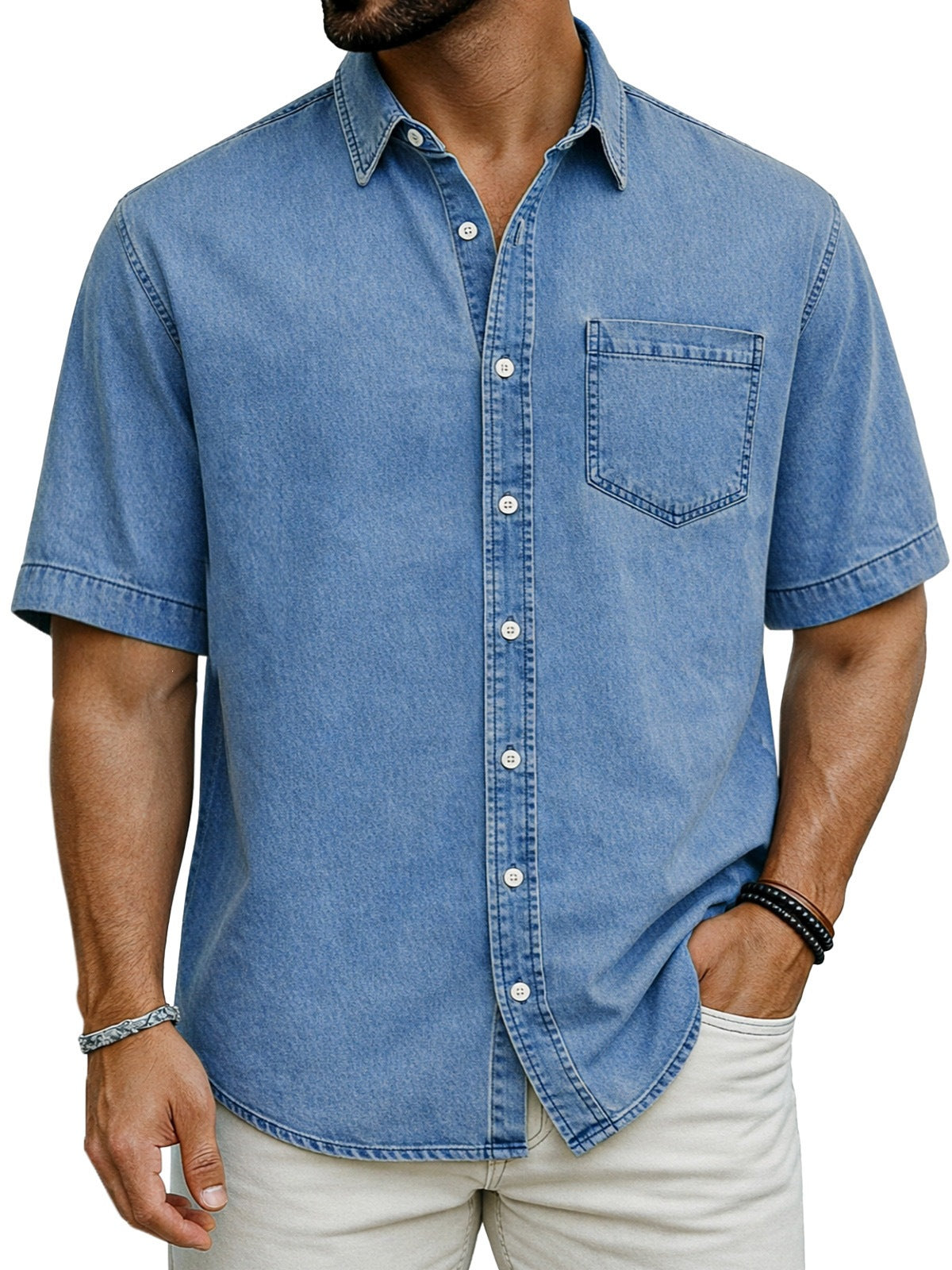 Men's short-sleeve casual shirt, light blue denim-look with chest pocket and button front