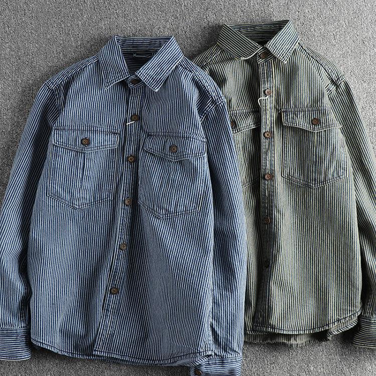 Men's washed denim shirts, blue-and-white stripe and distressed blue, button-front pockets
