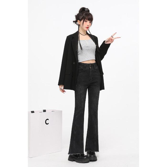 High-waist slim black jeans with wide flared hems and belt loops