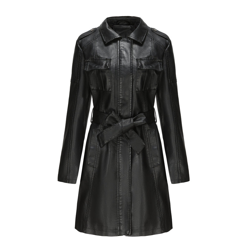 Mid-length Leather Coat With Belt Fashion - WOMONA.COM