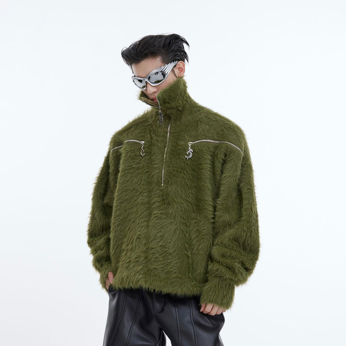 Olive green plush zip-up jacket with stand collar and flap chest pockets