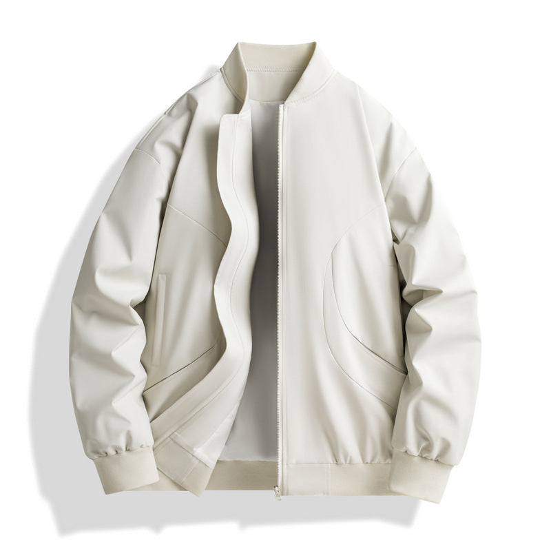 Loose zip cardigan jacket, stand collar, off-white with flap chest pockets