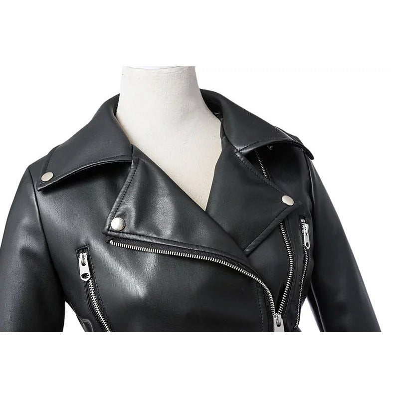 Short Slim High Waist Motorcycle Leather Jacket - WOMONA.COM