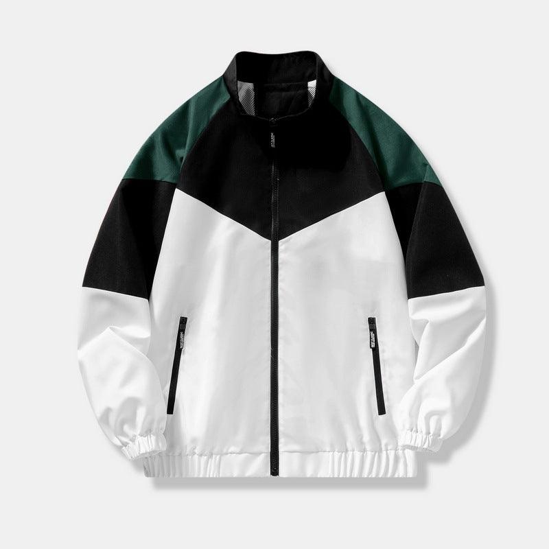 Boys color-block zip-up sports jacket, front view, black center with white sides and green top