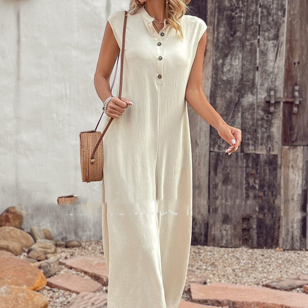 Women's light apricot sleeveless button-front jumpsuit, wide-leg ankle length
