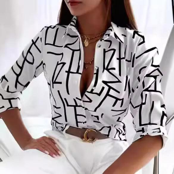 White button-up long-sleeve women's shirt with abstract black line print