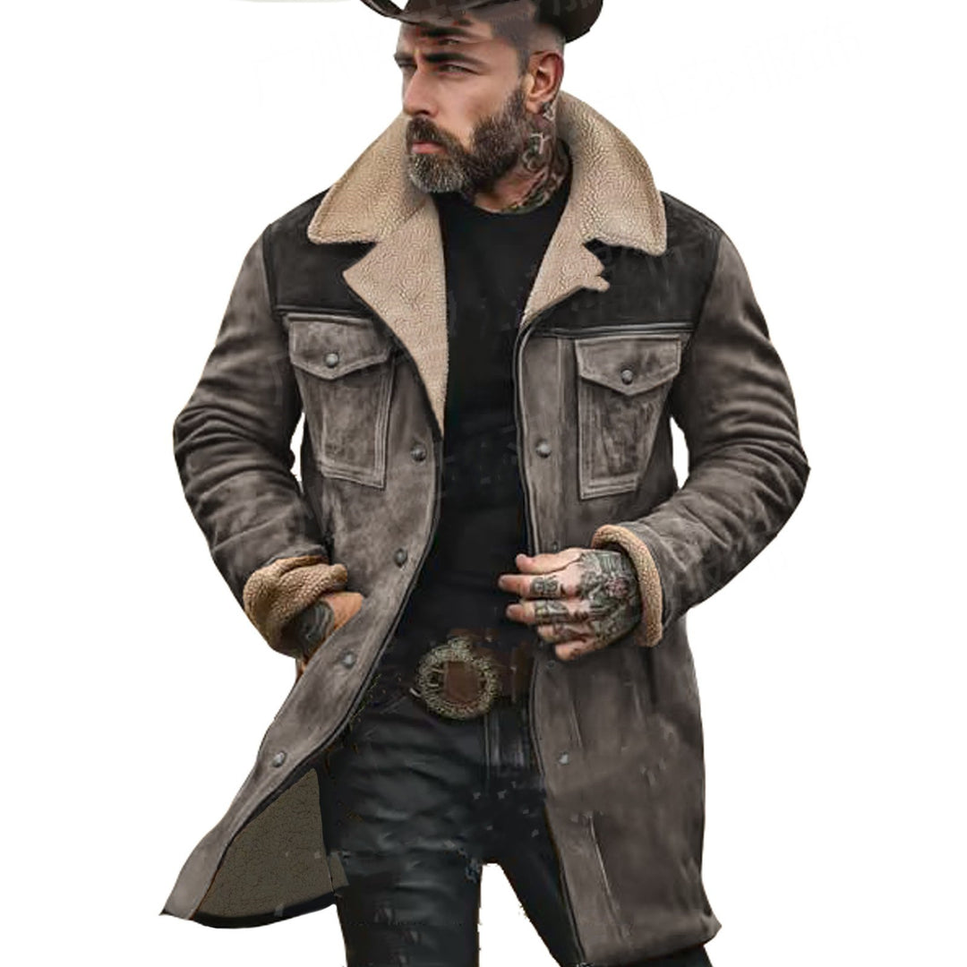 Multicolor suede jacket with sherpa collar, front zipper, and two chest pockets.