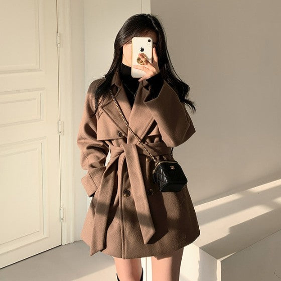 All-match Loose Collar Lace-up Woolen Coat