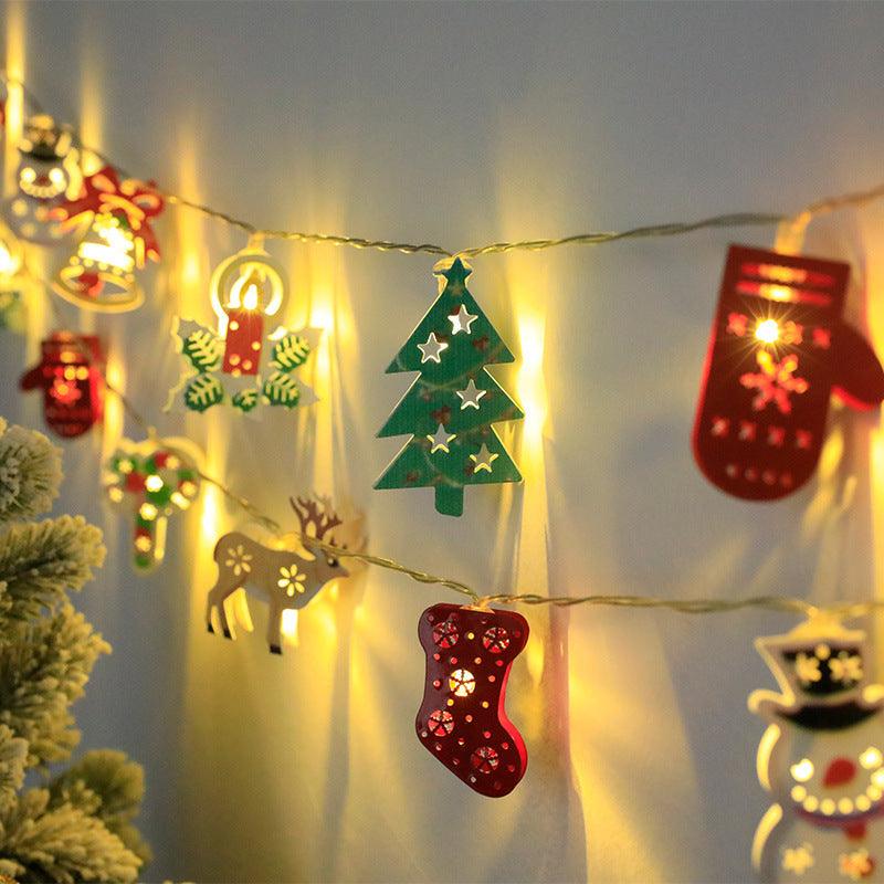 Christmas LED light string with green tree, red stocking, and festive dangling ornaments