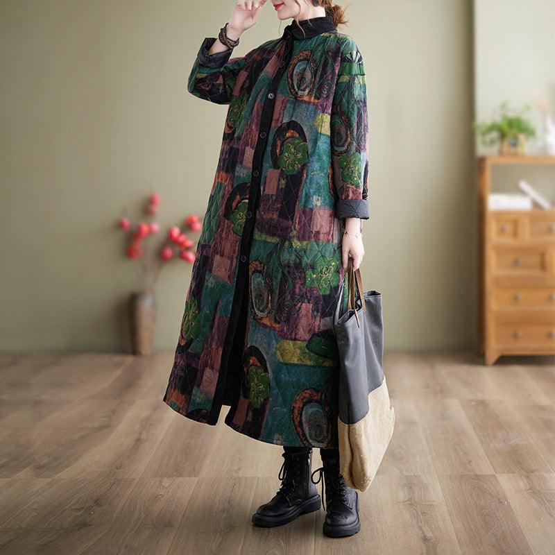 Women's loose printed long coat with high black collar and long sleeves, button front