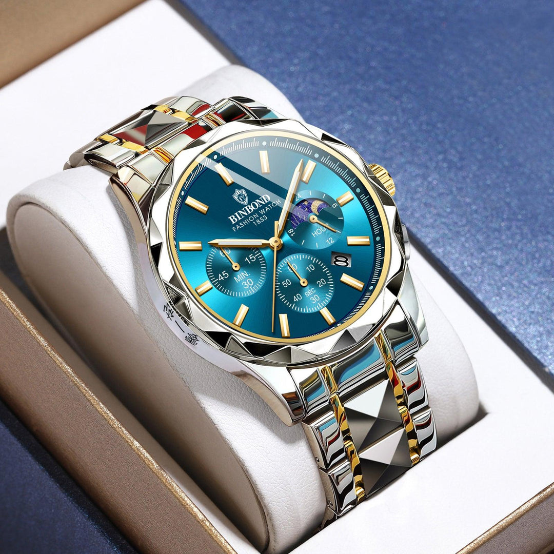 Men's multifunctional butterfly clasp watch with blue dial and silver bracelet, gold accents