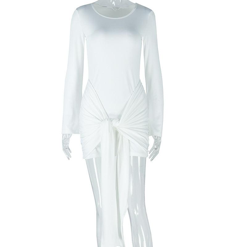 White off-shoulder long-sleeve mini dress with bow-tie gathered waist