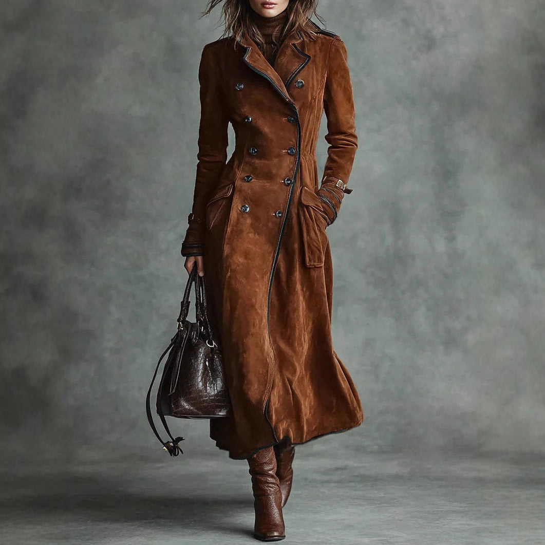 Women’s dark brown long coat with double-breasted buttons and matching waist belt