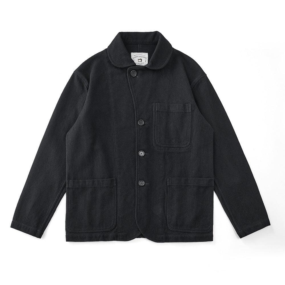 Dark retro washed cotton jacket with stand collar and four pocket panels