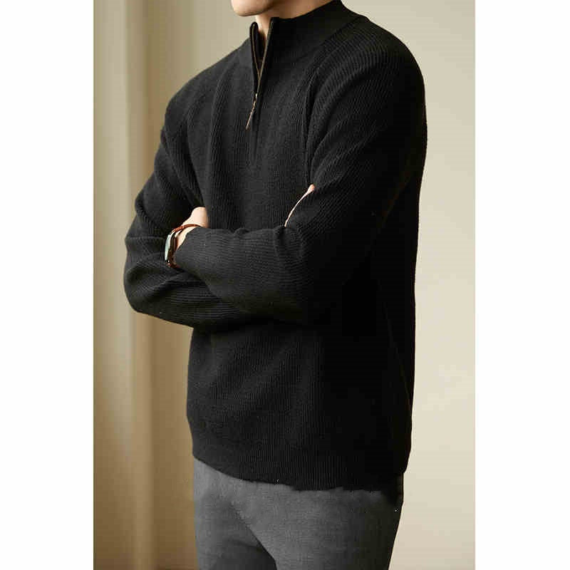 Men's Wool-Blend Ribbed Half-Zip Sweater, Black - product view 2