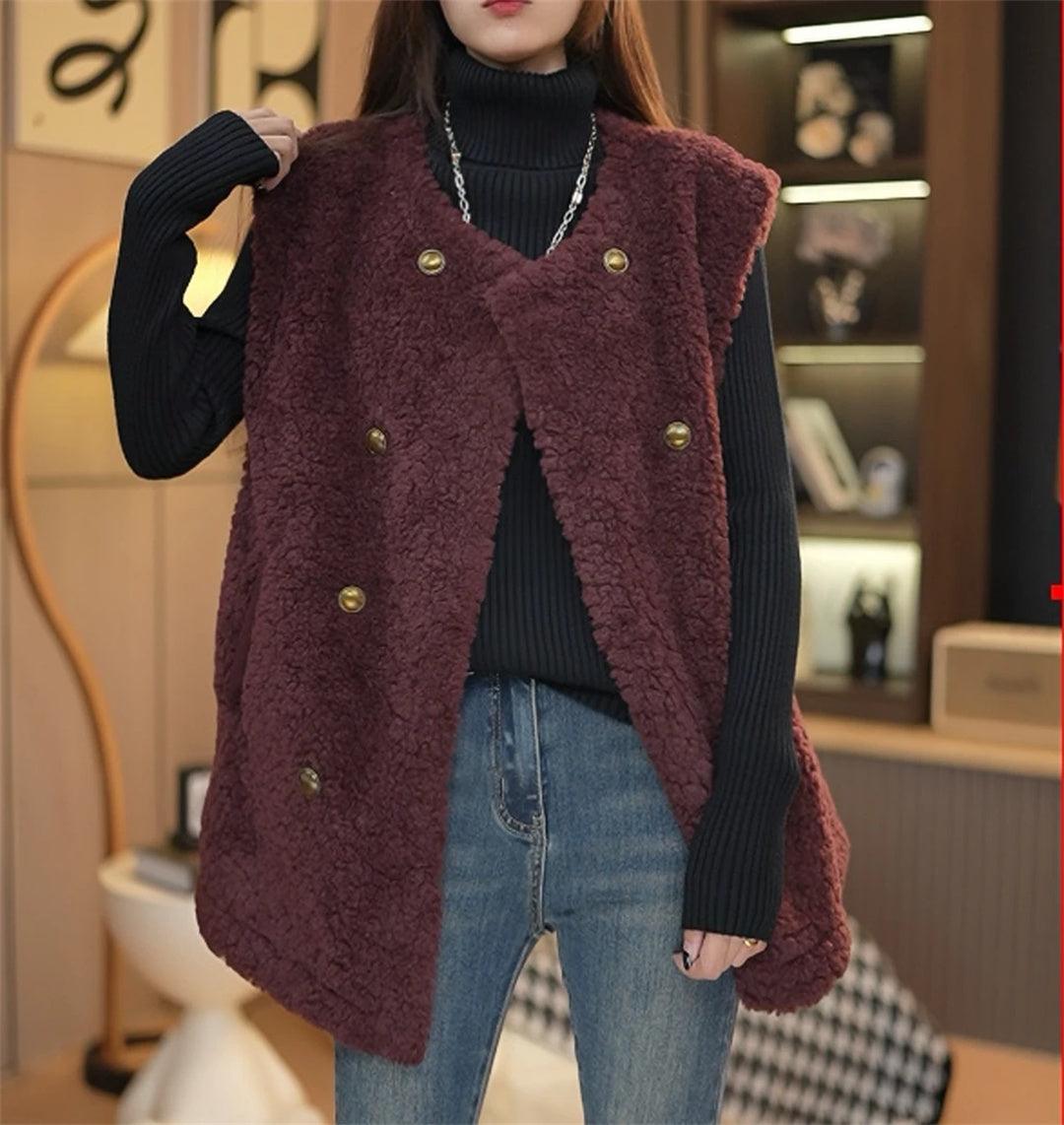 Burgundy fleece lamb wool waistcoat with gold buttons, split front and high neck
