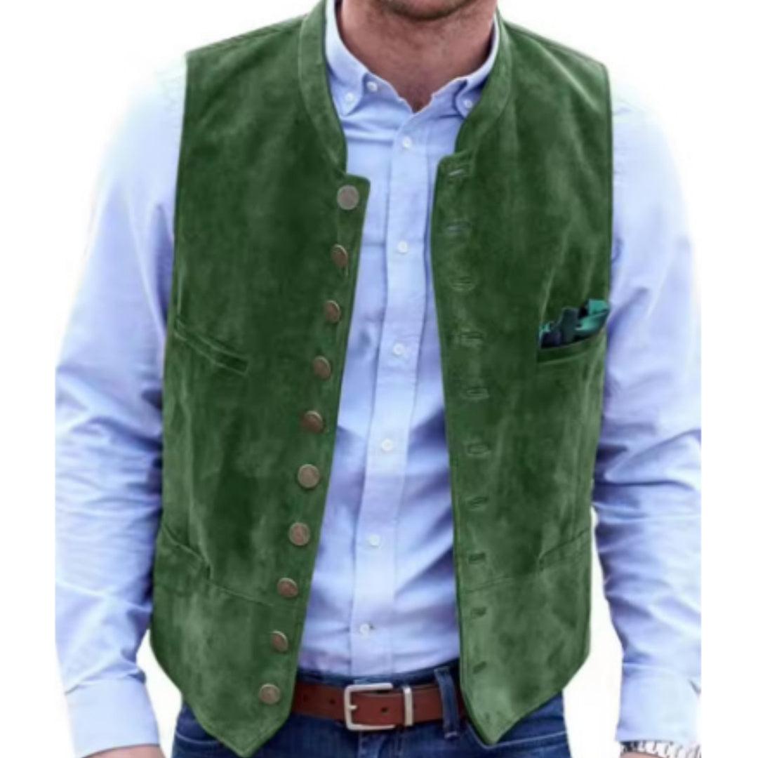 Army green velvet casual vest with button-front placket and chest pocket