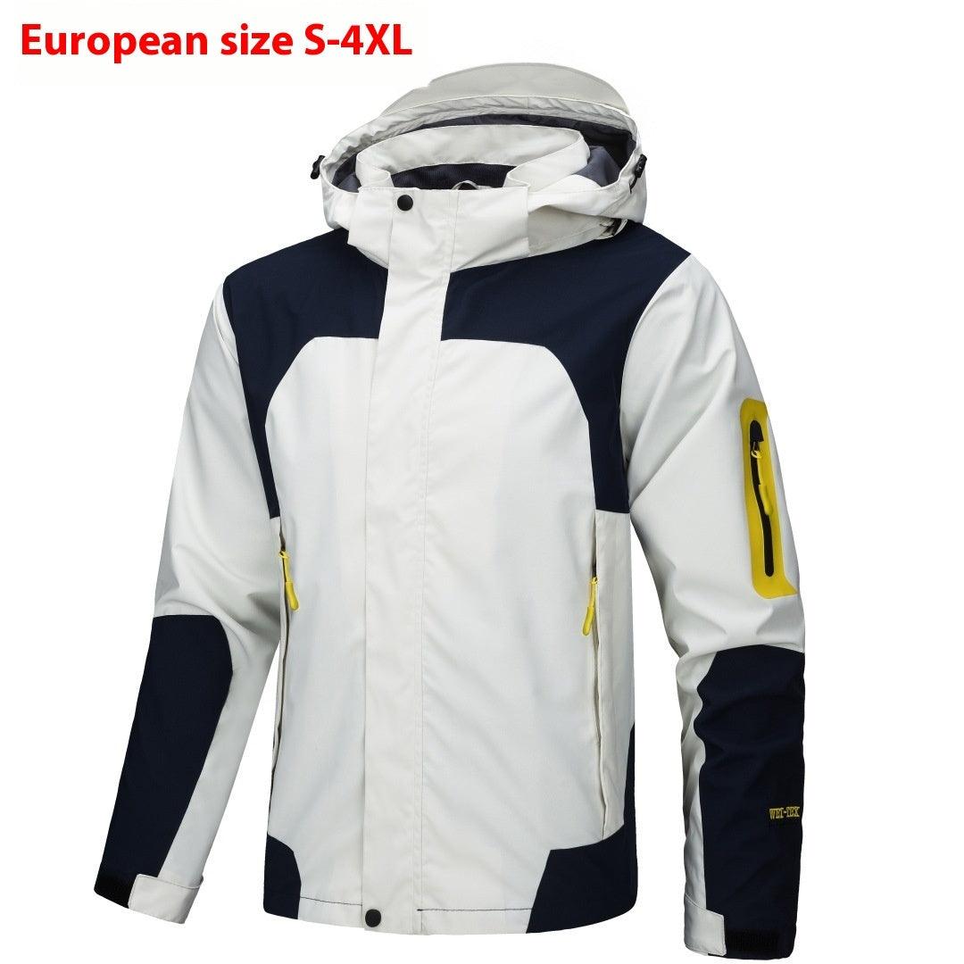 Men's hooded outdoor windbreaker coat, white and navy colorblock, full front zip