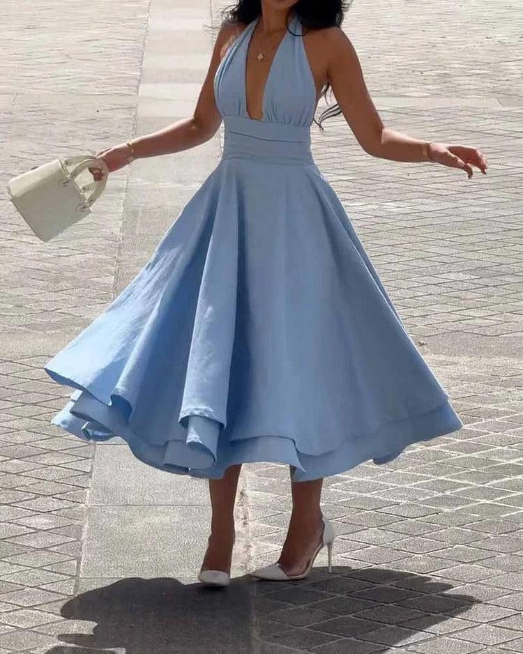 Fashion Casual Halter Solid Color Dress - WOMONA.COM