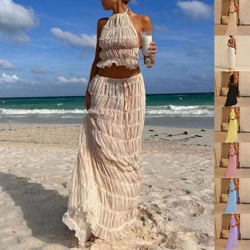 Two-piece halter cropped top and pleated long skirt set, white