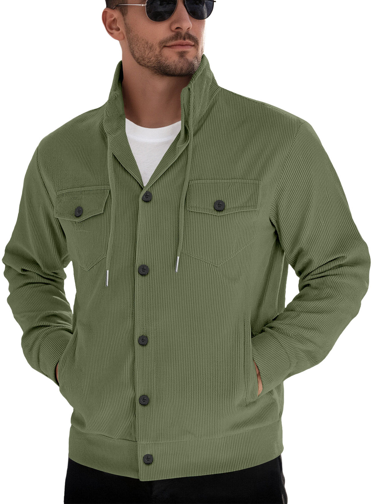 Men's Point-Collar Corduroy Trucker Jacket, Army Green - product view 7