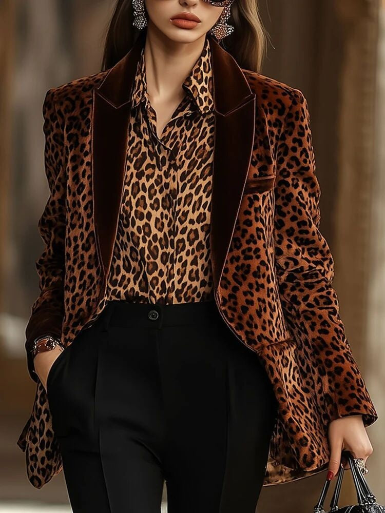 Leopard-print coat with structured lapels and front buttons