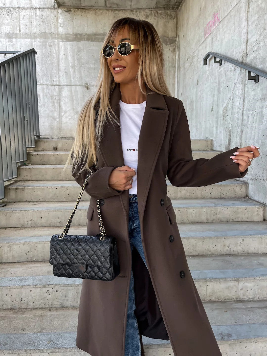 Women's double-breasted belt-detail long coat