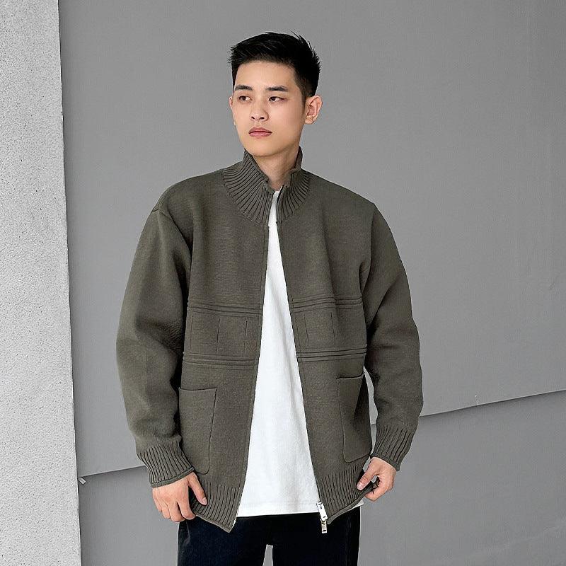 Men's loose knit zip-up sweater coat in dark green with stand collar and side pockets