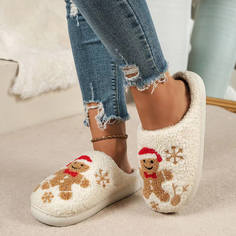 Pantuflas de jengibre con copos de nieve navideños para mujer, pantuflas de invierno antideslizantes para interiores, para dormitorio, pantuflas de casa peludas