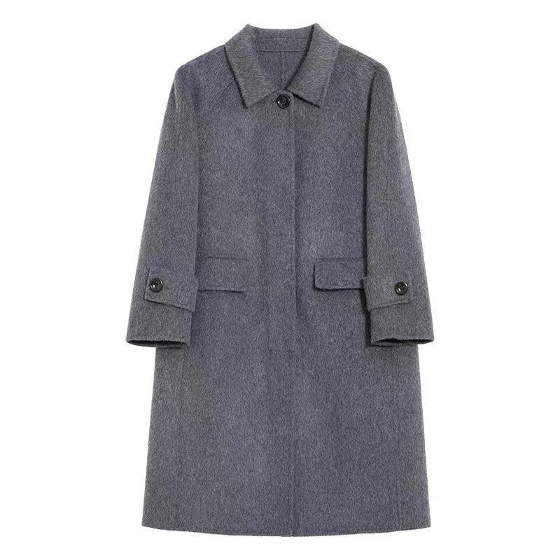 Dark gray women's wool coat, turn-down collar, button front, flap chest pockets