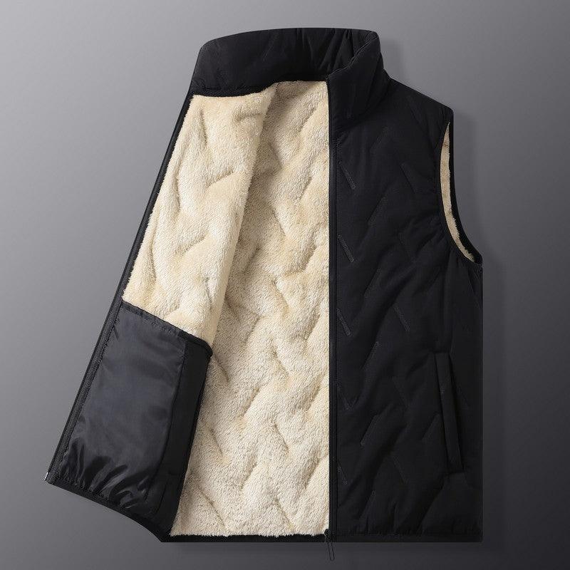 Black sherpa-lined vest with stand collar, front zip, side patch pockets