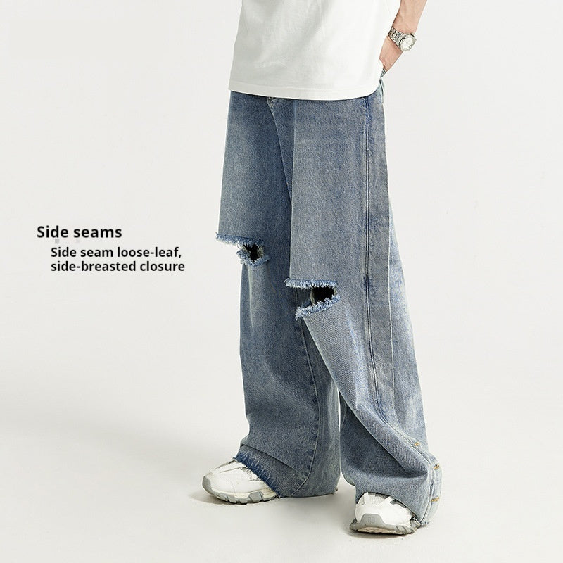 Men's Wear Ripped Washed Wide-leg Jeans - WOMONA.COM