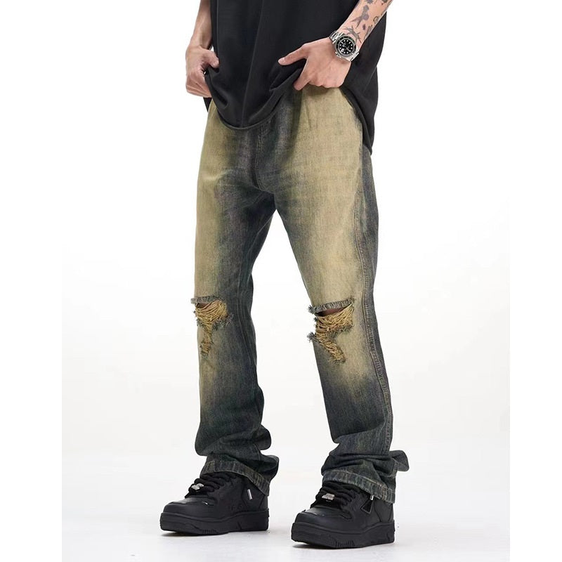 Old Ripped Cement Yellow Jeans For Men - WOMONA.COM