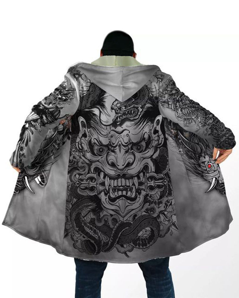 Digital Printing Stand Collar Zipper Hooded Cloak - WOMONA.COM