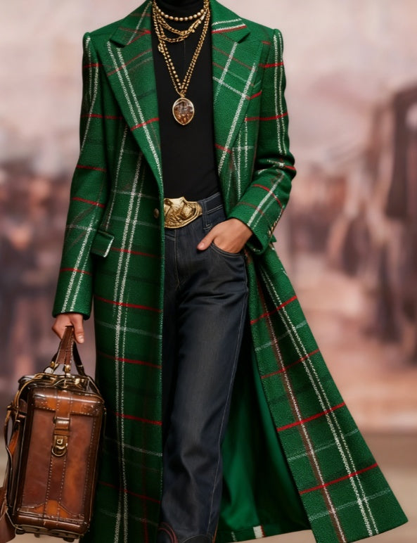Green plaid long suit coat with notched lapels and button front