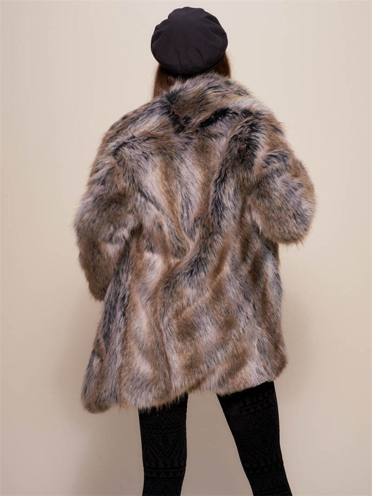 Women’s gray-brown faux fur coat, full back view with stand collar, mid-length
