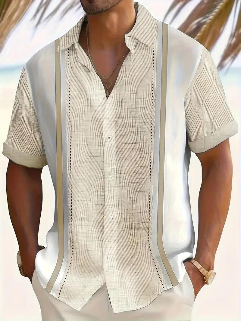 Beige short-sleeve button-up shirt with vertical stripe-like panels and subtle wave texture.