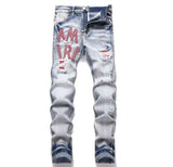 Punk Retro Blue Ripped Slim Elastic Printing Printing And Dyeing Feet Men's Jeans