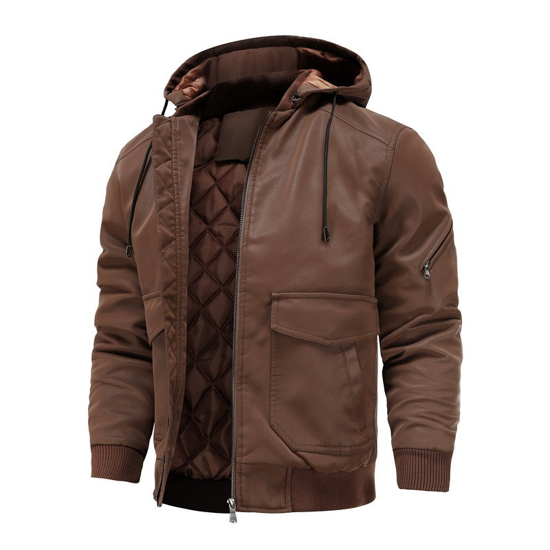 Men's leather-look motorcycle jacket with hood