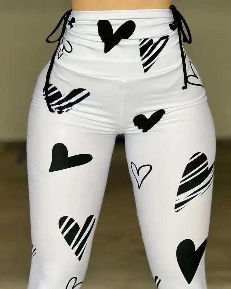 Drawstring Heart Print Yoga Sports Hip-hop Fitness Leggings - WOMONA.COM