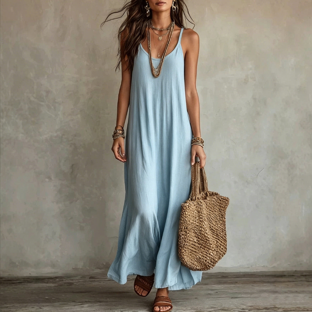 Light blue sleeveless maxi dress, loose fit, V-neck with tiered hem