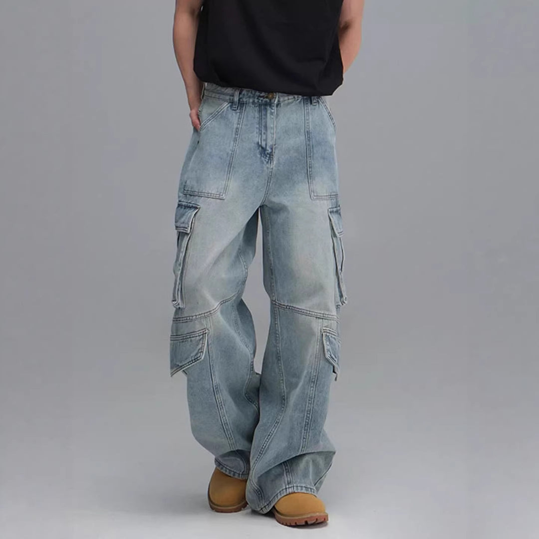 Washed Multi-Pocket Workwear Denim Jeans Mens Casual Wide-Leg Pants