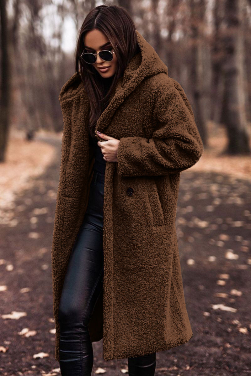 Women's hooded long teddy coat