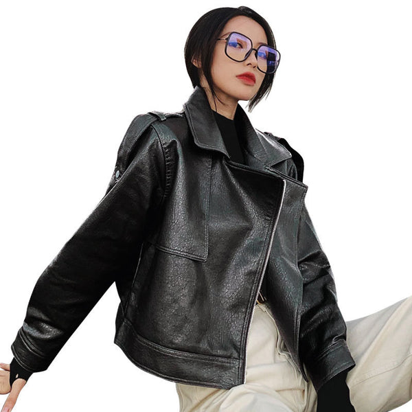 New Women's Loose Short Leather Jacket - WOMONA.COM