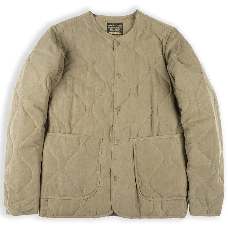 Men's quilted padded cotton coat in tan, button front, two side flap pockets