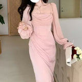 Soft Light Yarn Stitching Three Colors Fishbone Square Collar Dress - WOMONA.COM