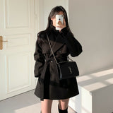 All-match Loose Collar Lace-up Woolen Coat