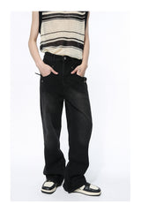 Straight Wide Leg Black Denim Fashionable Trousers - WOMONA.COM