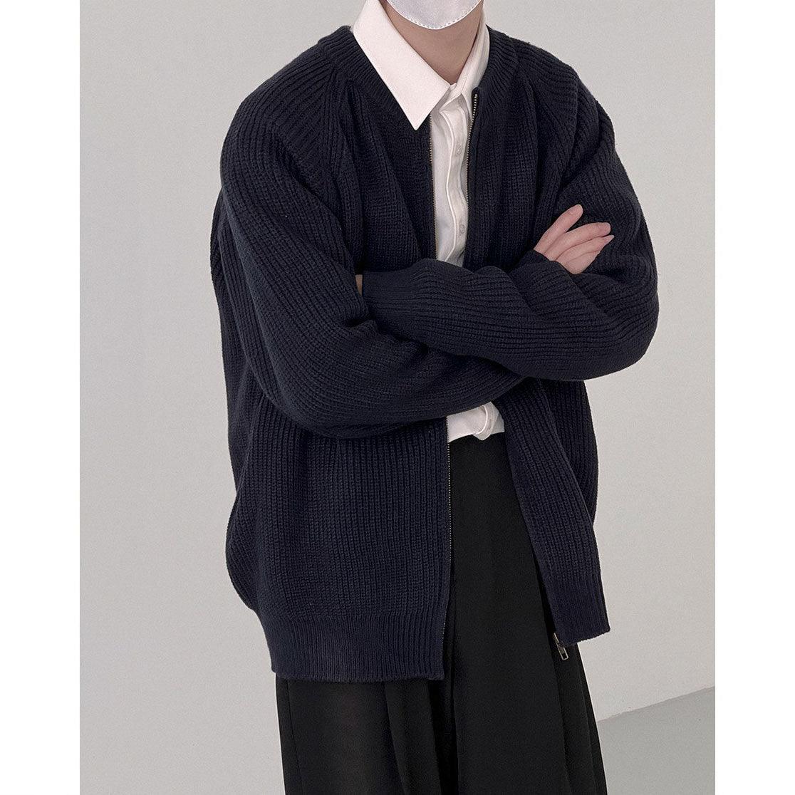 Men's dark blue ribbed knit zip-front cardigan with long sleeves